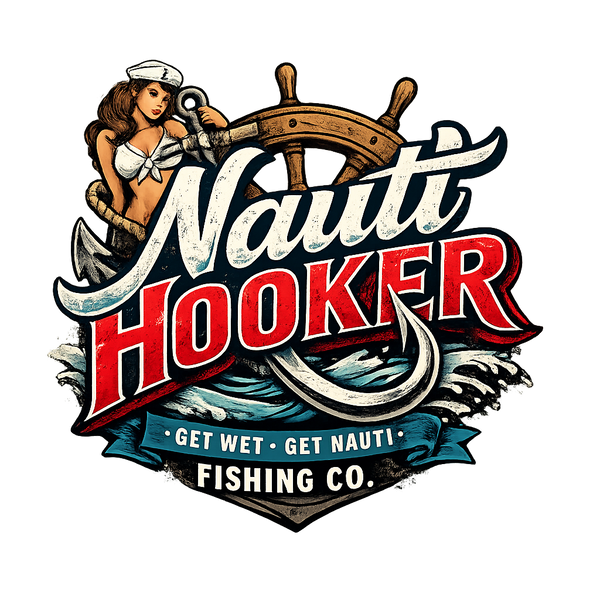 Logo for Nauti Hooker Fishing Co. featuring a woman at the helm with an anchor and text.